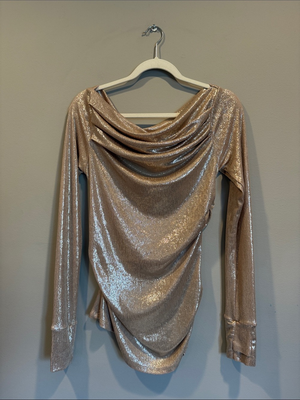 MARCELLA Metallic Champagne Shimmer Drape-Front Long Sleeve Top